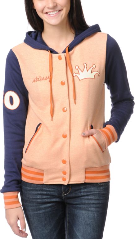 Stussy Girls Letterman Peach & Navy Varsity Hoodie