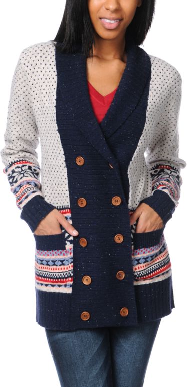 Stussy Girls Fair Isle Beige Knit Cardigan Sweater