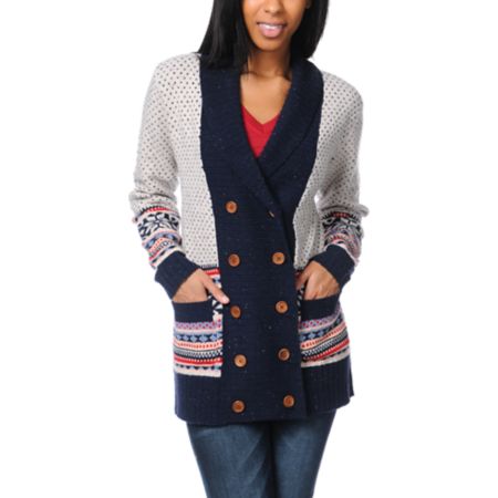 Stussy Girls Fair Isle Beige Knit Cardigan Sweater