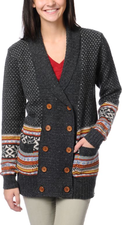Stussy Girls Fair Isle Charcoal Knit Cardigan Sweater