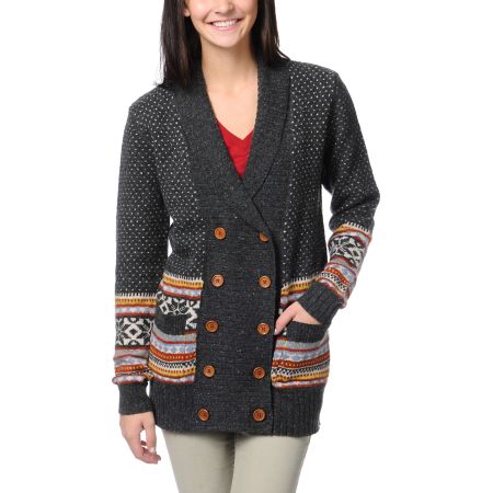 Stussy Girls Fair Isle Charcoal Knit Cardigan Sweater