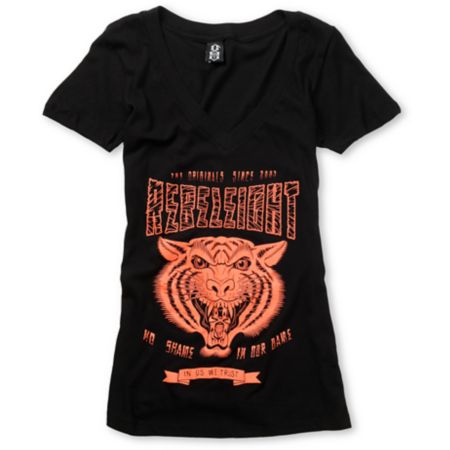 REBEL8 Girls No Shame Black V-Neck Tee Shirt