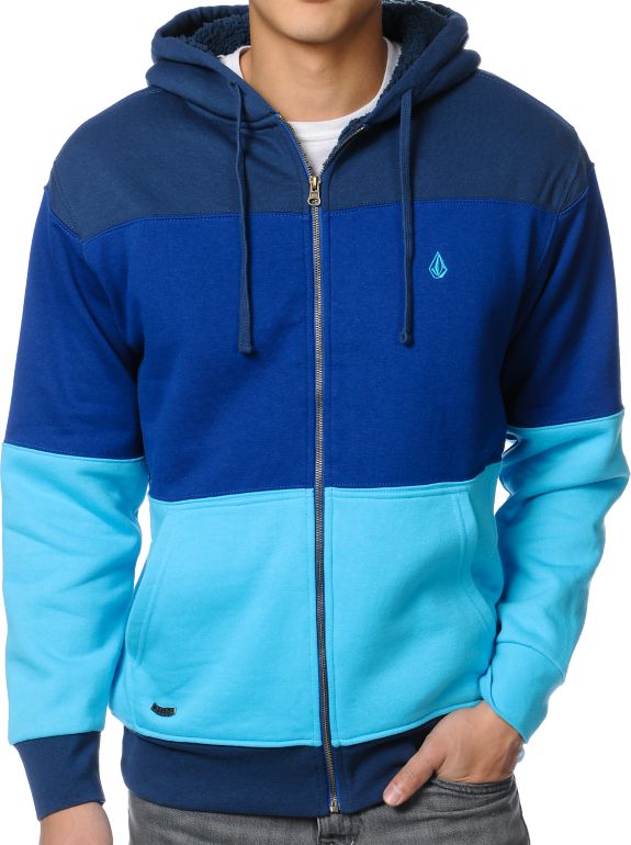 Volcom V4S Blue Striped Sherpa Zip Up Hoodie