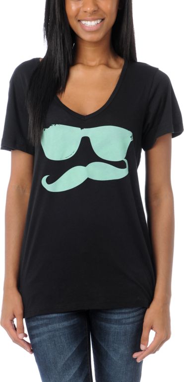 Volcom Russtache Black & Mint V-Neck Tee Shirt