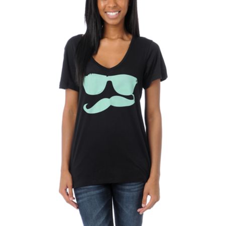 Volcom Russtache Black & Mint V-Neck Tee Shirt