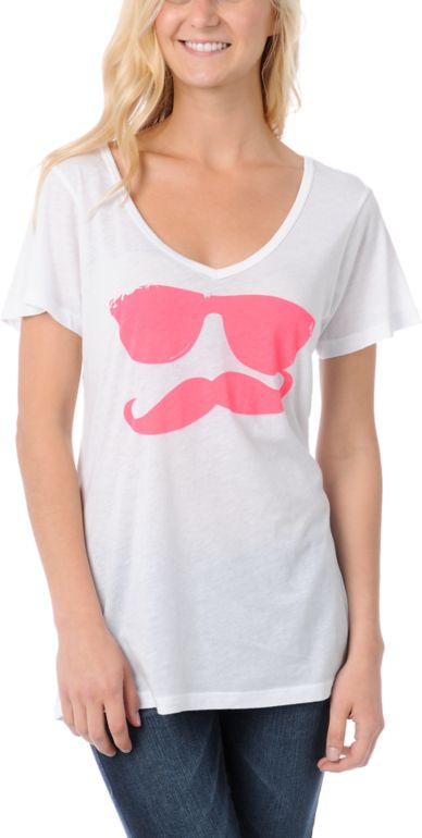 Volcom Russtache White & Pink Boyfriend Fit V-Neck Tee Shirt