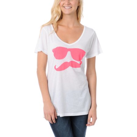 Volcom Russtache White & Pink Boyfriend Fit V-Neck Tee Shirt