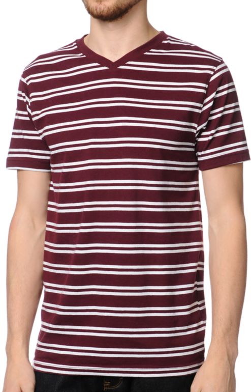 Empyre Chalk It Dark Red Striped V-Neck Tee Shirt