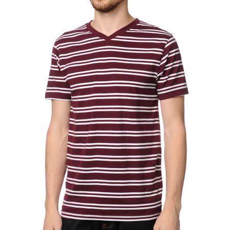 Empyre Chalk It Dark Red Striped V-Neck Tee Shirt