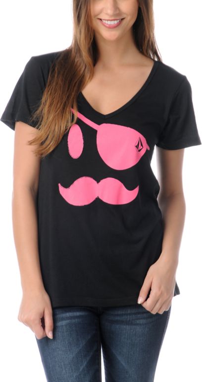 Volcom Girls Pirate Stache Black V-Neck Tee Shirt
