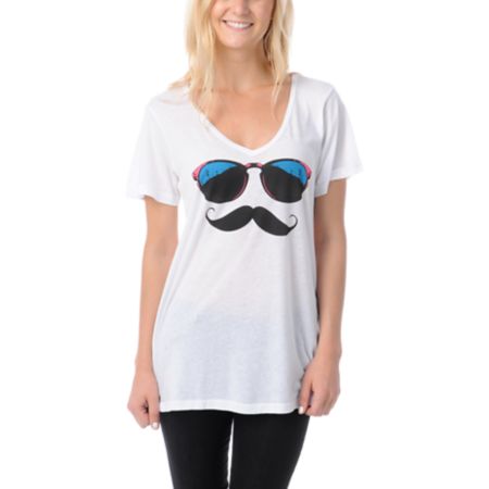 Volcom Girls Hip Stache White V-Neck Tee Shirt