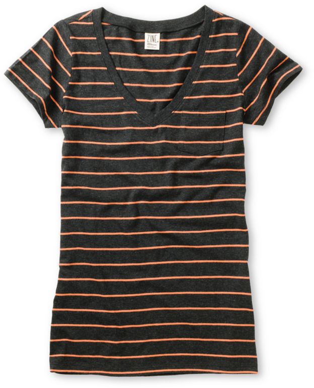 Zine Girls Charcoal & Fresh Salmon Striped V-Neck Tee Shirt