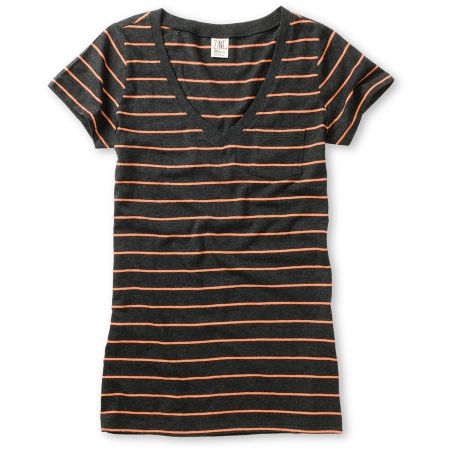Zine Girls Charcoal & Fresh Salmon Striped V-Neck Tee Shirt
