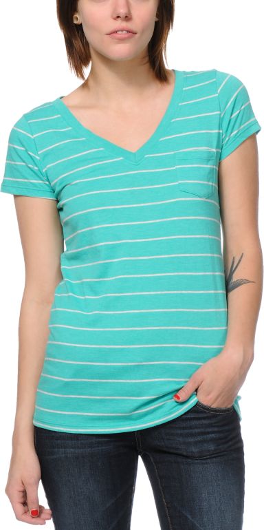 Zine Girls Spectra Green & Oat Striped V-Neck Tee Shirt