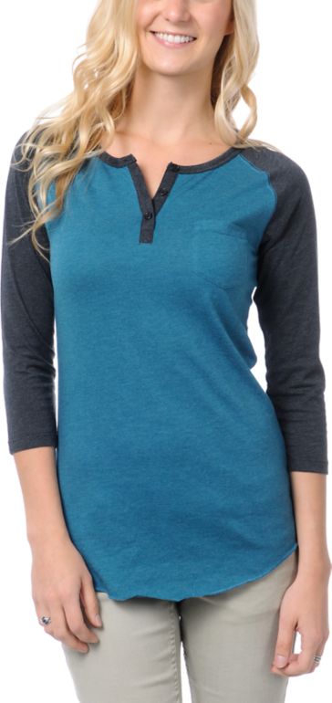 Zine Girls Lyons Blue & Charcoal Grey Henley Baseball Tee Shirt