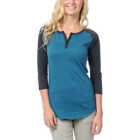 Zine Girls Lyons Blue & Charcoal Grey Henley Baseball Tee Shirt