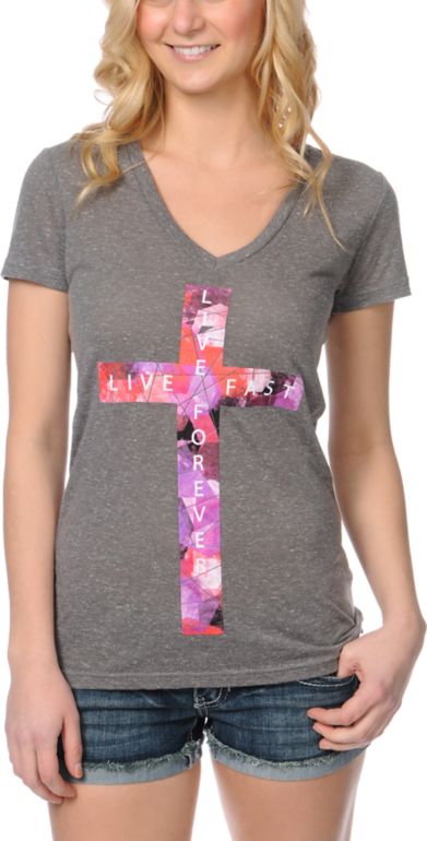Empyre Girls Live Fast Heather Charcoal V-Neck Tee Shirt