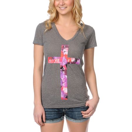 Empyre Girls Live Fast Heather Charcoal V-Neck Tee Shirt 
