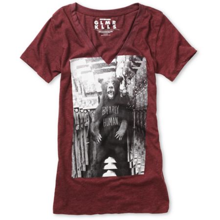 Glamour Kills Girls Bearly Human Maroon V-Neck Tee Shirt