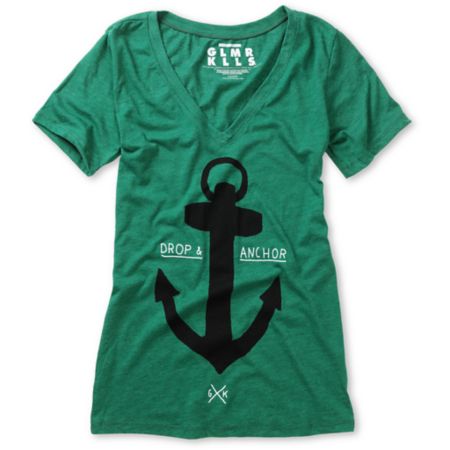 Glamour Kills Girls Drop & Anchor Green V-Neck Tee Shirt