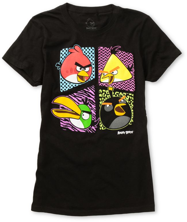 Fifth Sun Girls Angry Birds Pattern Style Black Tee Shirt
