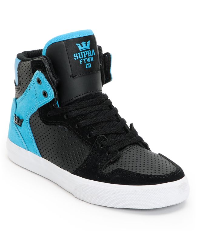 Supra Kids Vaider Black & Turquoise Perforated High Top Shoes