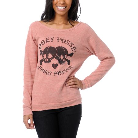 Obey Girls Fiends Forever Heather Red Crew Neck Sweatshirt