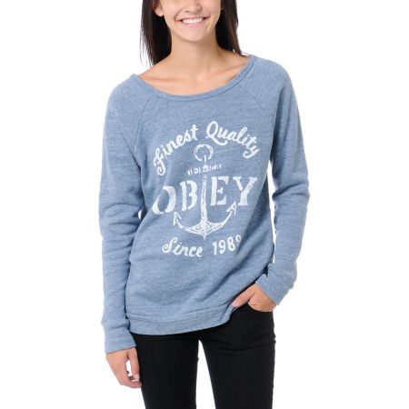 Obey Finest Anchor Blue Vandal Crew Neck Sweatshirt