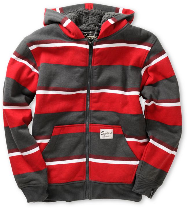 Empyre Boys Mission Grey & Red Stripe Sherpa Fleece Hoodie