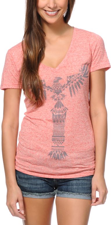 Empyre Girls Totem Heather Coral V-Neck Tee Shirt