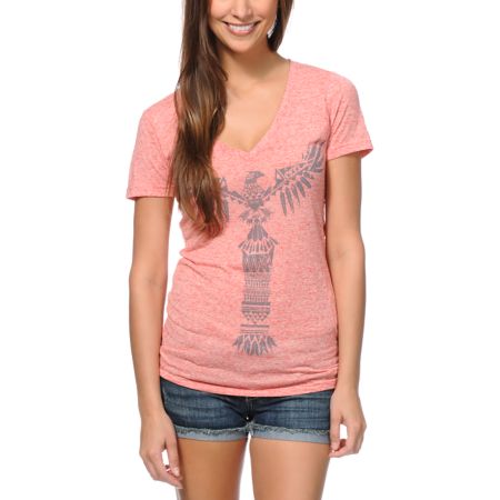 Empyre Girls Totem Heather Coral V-Neck Tee Shirt 