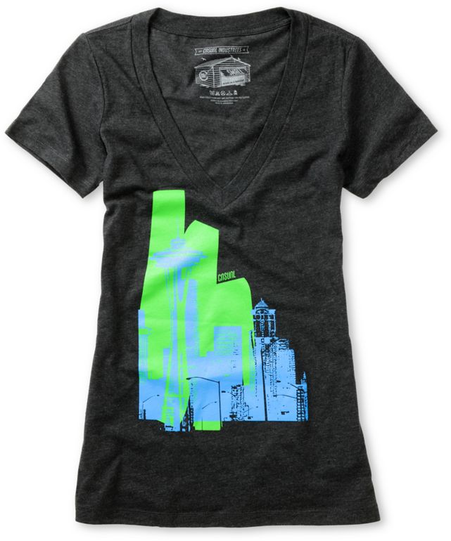 Casual Industrees Girls Raw City Charcoal V-Neck Tee Shirt