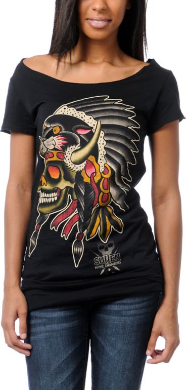 Sullen Girls Tomahawk Black Wide Neck Tee Shirt