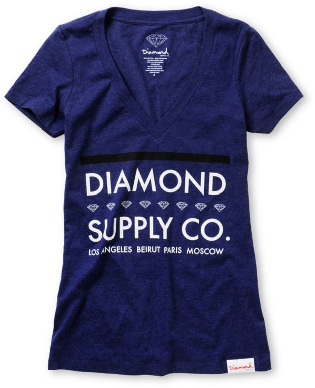Diamond Supply Girls Roots Dark Blue V-Neck Tee Shirt