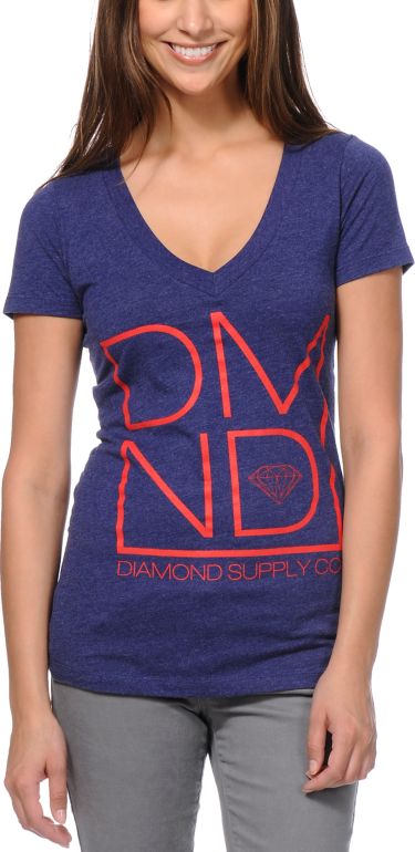Diamond Supply Girls DMND Dark Blue V-Neck Tee Shirt