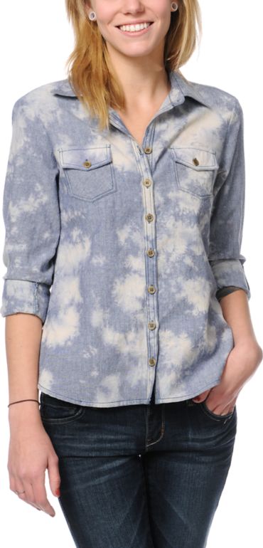 Love, Fire Acid Wash Denim Button Up Shirt
