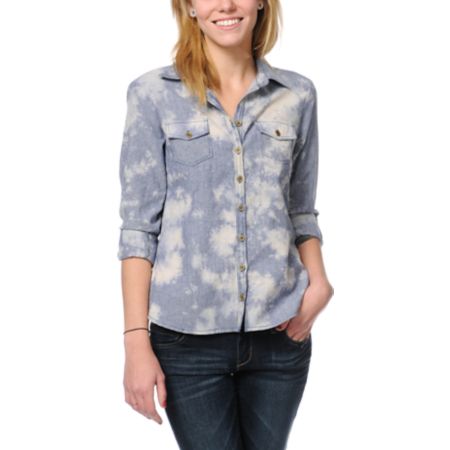 Love, Fire Acid Wash Denim Button Up Shirt