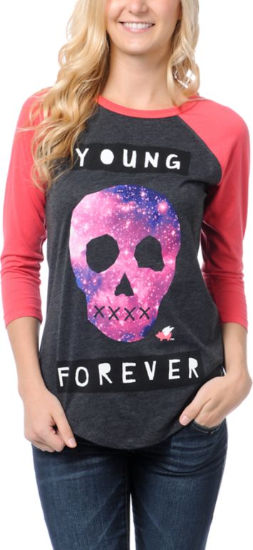 Glamour Kills Young Forever Charcoal & Pink Baseball Tee Shirt