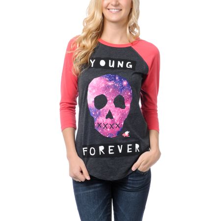 Glamour Kills Young Forever Charcoal & Pink Baseball Tee Shirt