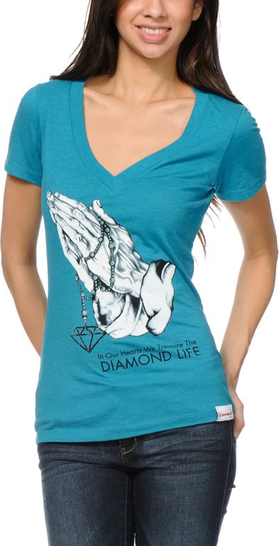 Diamond Supply Girls Treasure Teal V-Neck Tee Shirt