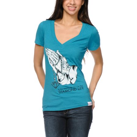Diamond Supply Girls Treasure Teal V-Neck Tee Shirt 