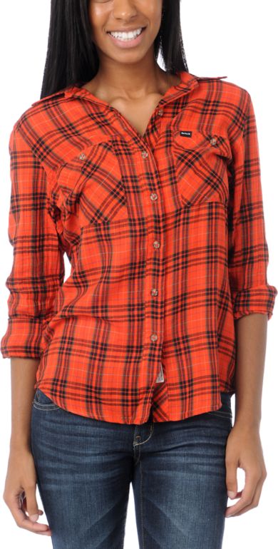 Hurley Girls Wilson Red Plaid Button Up Shirt
