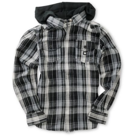 DC Boys Bidwell Black & Grey Plaid Hooded Flannel Shirt