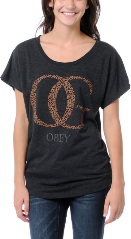 Obey Girls OG Leopard Black Dolman Tee Shirt