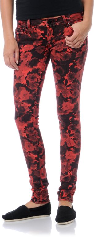 Almost Famous Katie Red Floral Skinny Jeans