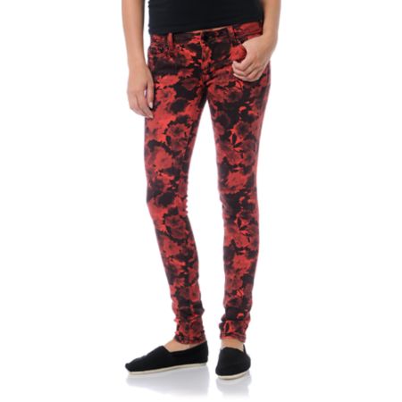 Almost Famous Katie Red Floral Skinny Jeans