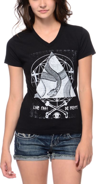 Empyre Girls Snake Triangle Black V-Neck Tee Shirt