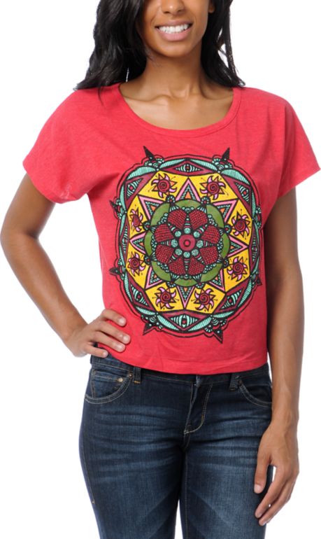 Empyre Girls Mandala Sun Heather Red Crop Tee Shirt