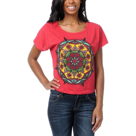 Empyre Girls Mandala Sun Heather Red Crop Tee Shirt