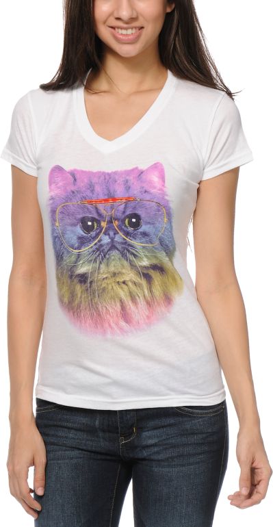 A-lab Girls Prism Cat White V-Neck Tee Shirt